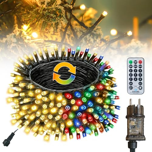 LED Lichterkette Außen, 20M 200LED Warmweiß & Bunt Lichterkette Strom Weihnachtsbaum Außen Innen, 11 Modi|3 Timer|4 Dimmbar|IP65|Merkfunktion, Weihnachtsbeleuchtung Außen für Baum, Balkon, Garten