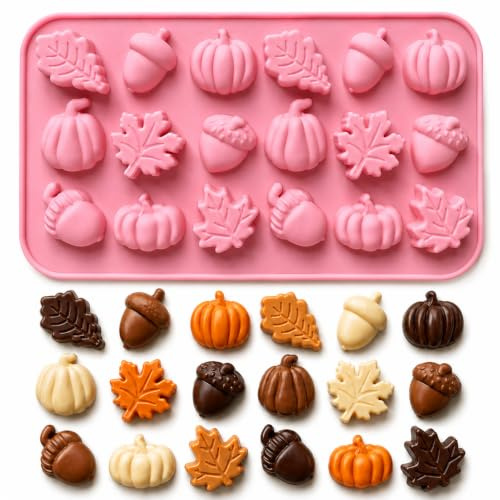 PTaizjjz Schokoladenform aus Silikon, 1 Packung mit 18 Mulden, Ahornblättern, Kürbis, Eichelform, Süßigkeiten-Backform für Herbst, Erntedankfest, Halloween, DIY-Backwerkzeuge