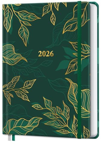 Kalender 2026 Buchkalender A5, 12 Monate Terminkalender mit Wochenplaner von Januar bis Dezember 2026 - Hardcover Kunstleder Taschenkalender Terminplaner - Grünes Blatt
