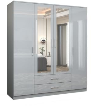 GLOSSIQUE 4 Door High Gloss Wardrobe with Mirror – MDF Board Bedroom Storage Cabinet with Shelves & Drawers (Gray 160cm)