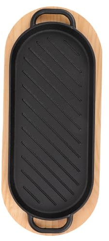 Toyvian Plato de Carne de Hierro Fundido 37,5x16 Cm con Bandeja de Madera Sartén Grill Antiadherente para Cocinar y Servir en Restaurante o Uso Doméstico