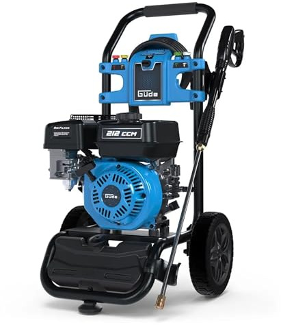GÜDE Benzin Hochdruckreiniger Fuel 250 – 234 bar Arbeitsdruck, 590 l/h Förderleistung, 4-Takt Motor, 9 m Schlauch, Reinigungsmitteltank, 5 Düsen
