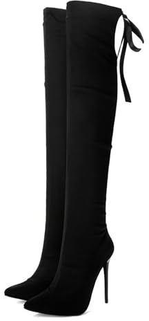 AORUIDA Dam Overknee-stövlar Mode Stretch Tå-höga Stövlar Spetsig Tå Suede Stiletto Högklackade Stövlar,Black suede,43 EU