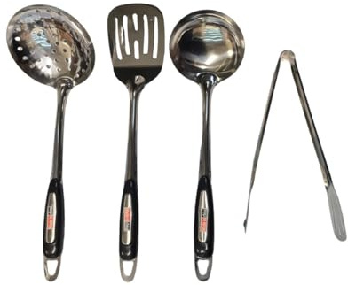 Generico Juego de 4 utensilios de cocina de acero inoxidable, cucharón, espumadera, espátula y pinzas para cocina, accesorios de cocina