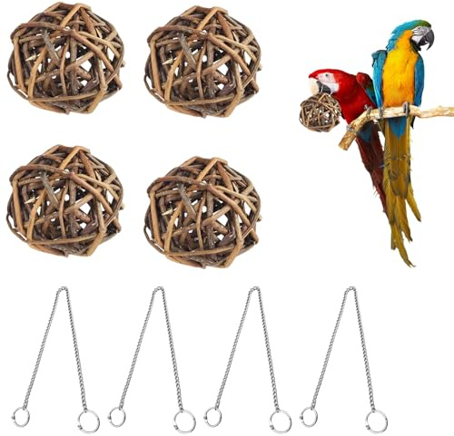 4 Stück Weidenkugel, Wellensittich 8CM, Spielzeug Naturgeflecht Vogelspielzeug für Wellensittiche, Wellensittich Zubehör, Vogelkäfig Zubehör mit 4 Doppelring Hängekette für Papageien Kaninchen Hamster