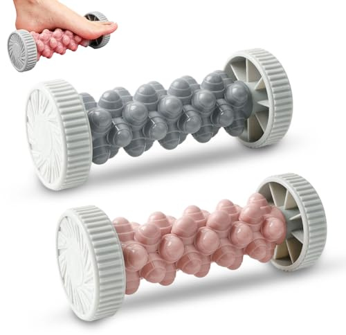 2 Stück Faszienrolle Fuß Fußmassageroller für Plantarfasziitis | Fußmassage Roller Tragbarer Fußmassageroller mit Noppen für Fuß & Hand, Fersenschmerzen, Stress Relief, Rosa + Grau