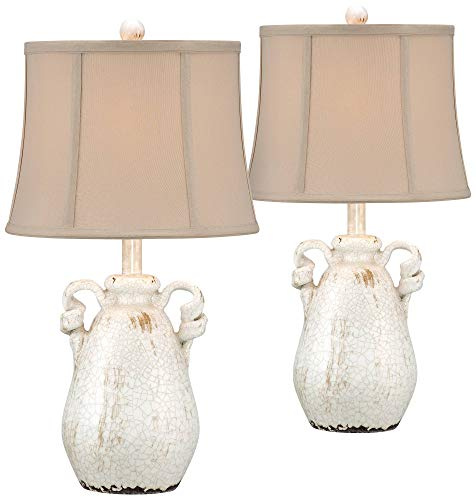 Regency Hill Sofia Rustic Country Cottage Core Accent Table Lamps 22 Tall Set of 2 Crackled Ivory Glaze Ceramic Handles Jar Beige Bell Shade for Bedroom Living Room House Home Bedside Nightstand