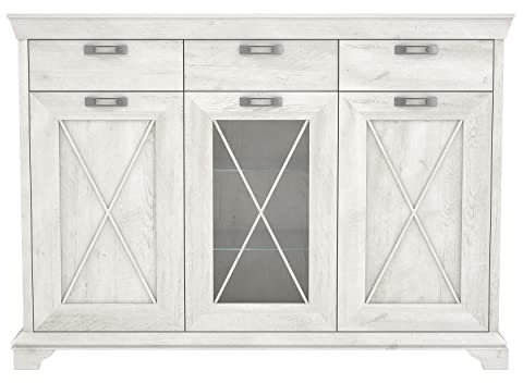 FORTE Kashmir Vitrine mit 2 Türen, 1 Glastür und 3 Schubladen, Holzwerkstoff, Pinie Weiß Dekor, 48,3 x 177,7 x 127,7 cm