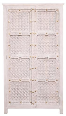 Marrakesch Boho Kleiderschrank Schrank in Weiß aus Holz massiv 185cm | Highboard Mehrzweckschrank Joumana für Wohnzimmer Flur und Schlafzimmer als Orientalische Möbel | Aktenschrank für das Büro