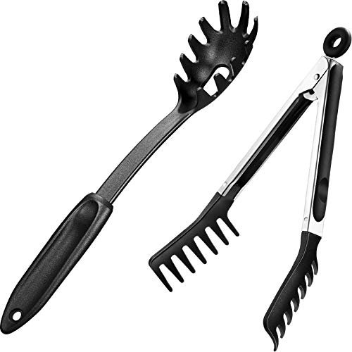 Boao 2 Stück Kleiner Spaghettilöffel und Nudelzange aus Silikon, 12 Zoll Spaghettilöffel und 7,1 Zoll Spaghettizange mit Edelstahlgriff Lebensmittelclip für Spaghetti Nudeln