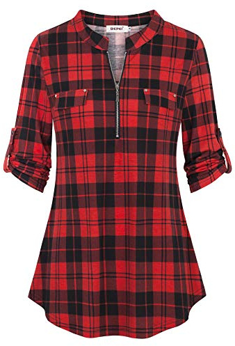 BEPEI Plaid Shirts for Women,3/4 Sleeve Collared Flannel Zip up V Neck Slim Fitted Tunic Tops Button Down Dressy Casual Work Checked Blouse Fall Fashion 2026,Black Red 2XL