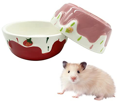 2 Pack Hamster Food Bowl Small Animals Ceramic Food Water Bowl Prevent Tipping Moving for Gerbil Chinchilla Hedgehog Rat (Color: Pink + Red)