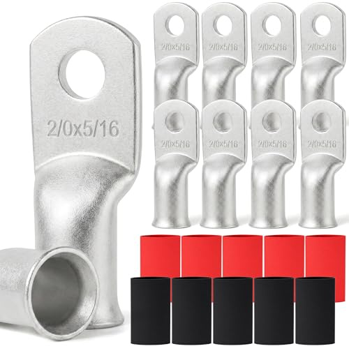 TKDMR 10pcs 2/0 Awg-5/16 Ring Marine Grade Copper Wire Lugs,with 3:1 Heat Shrink Tubing,UL Battery Cable Ends,Heavy Duty Cable Lugs,Tinned Copper Eyelets,Tubular Ring Terminals