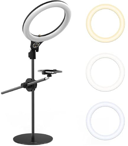 ULANZI [Upgraded Base] Overhead Tripod for Phone with 10 Selfie Ring Light, Phone Stand for Filming 3500k-6500K Dimmable, Ring Light Phone Holder for Video Recording, Live Stream, Portrait，Makeup