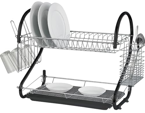 2 Tier Black Drainer Rack - With Drip Tray Plates Holder | Storage, Organiser, Space Saving | Drip Tray To Prevent Water Dripping Around Sink Area | Suitable For Drying Plates, Dish's, Cutlery & Cups