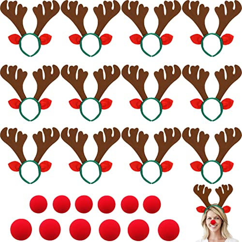 12 Stück Weihnachts-Rentier-Geweih-Stirnband, Rentiergeweih, Haarreifen, Geweih-Stirnband mit Ohren und roten Nasen für Erwachsene und Kinder, Weihnachten, Urlaub, Partygeschenke