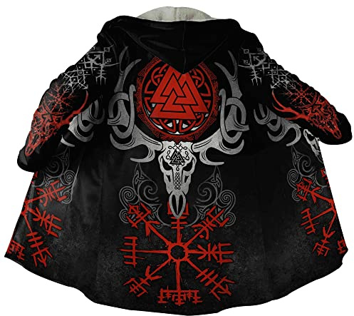 Wikinger Tattoo Kostüm Herren Kleidung Kunstkaschmir Kapuzenmantel Nordischer Wintermantel Mittelalter Ritter Wärmere Jacke