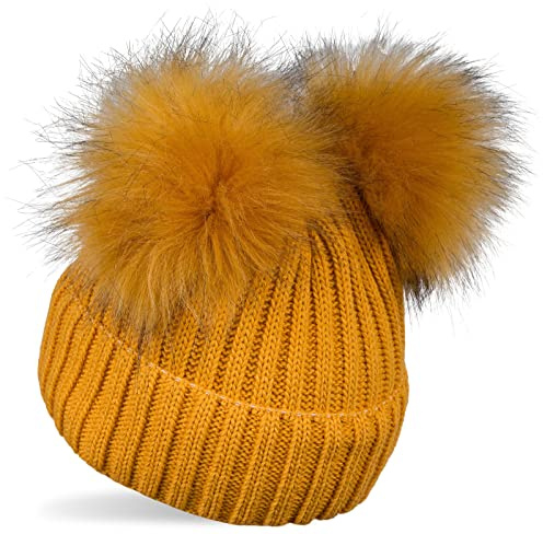 styleBREAKER Stickad mössa för barn, med 2 fuskpälstofs och fleecefoder i fleece, vintermössa, stickad mössa, 2–5 år 04024203, Curry, 48-54