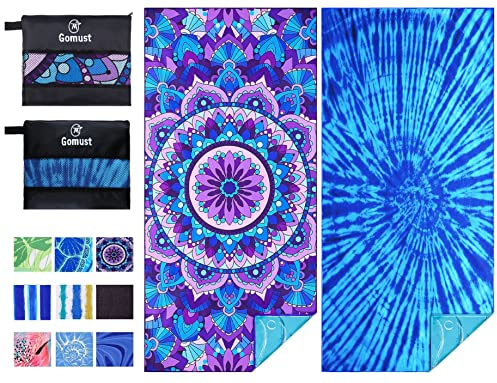 2 Pack Lightweight Thin Beach Towel Oversized 71x32 Big Extra Large Microfiber Sand Free Towels for Adult Quick Dry Travel Camping Beach Accessories Vacation Essential Gift Tie Dye Purple Mandala