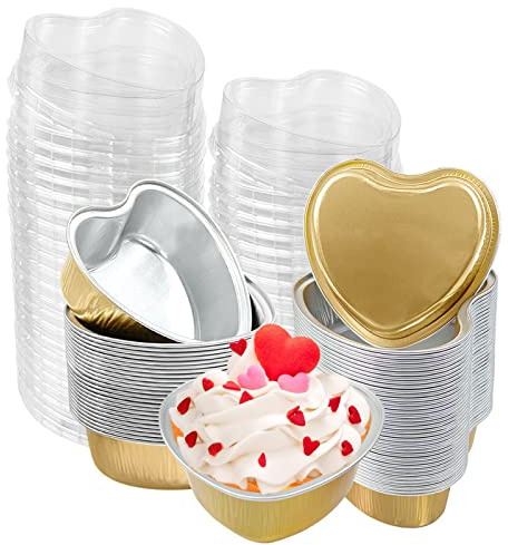 50Pcs Mini Heart Shaped Cake Pans with Lids,100 ml 3.4 oz Disposable Valentine Cupcake Cup Mini Aluminum Foil Baking Cups Ramekins Muffin Cupcake Liners for Wedding Birthday Party,Gold