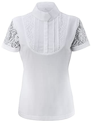 Start Patricia Turniershirt Damen – Kurzarm Reitshirt mit Spitze & Stehkragen – Atmungsaktive Turnierbluse für Reiten & Wettbewerb (Weiß, S)