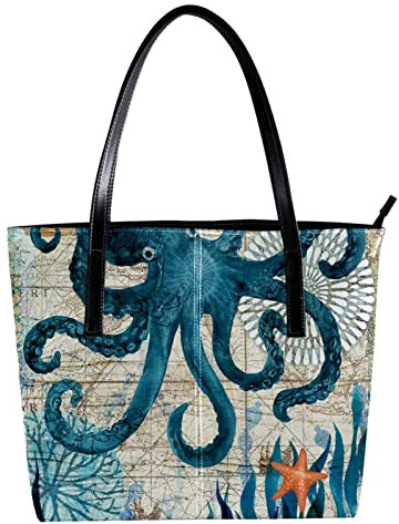 Schultertasche, leicht, lässig, Schultasche, Lehrertasche, Handtasche, Geldbörse, Vintage-Blau, Oktopus, nautische Karte, Mehrfarbig