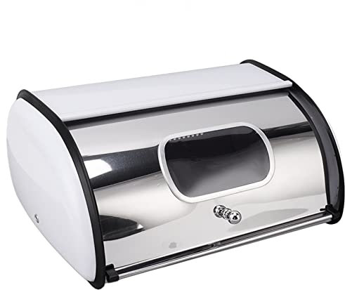 banapoy Bread Box, Stainless Steel Bread Storage Bin Container Lid Bread Box with Clear Window, Countertop Bread Holder Dry Food Storage Container for Kitchen Home (White)