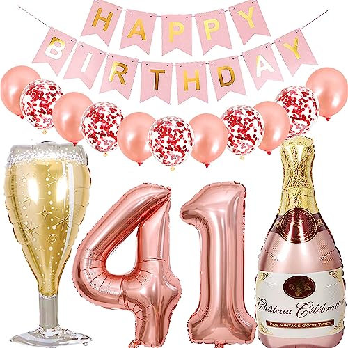 Dalettu Luftballon 41. Geburtstag Deko Frau, Folienballon Weinflasche Sektflasche Rose Gold Helium Ballon Deko, Geburtstagsdeko 41 Jahre Frauen, Happy Birthday Banner für 41 Jahr Geburtstag Party Deko