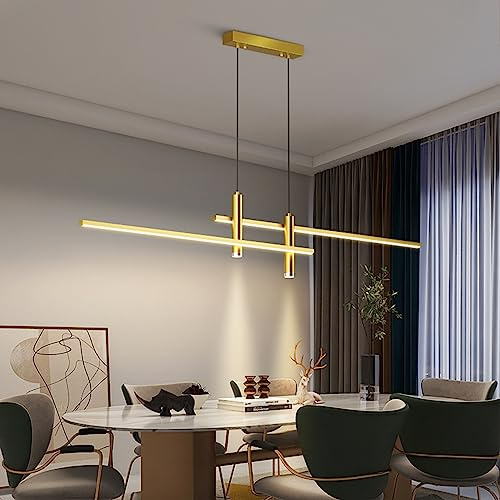 Moderne Esstisch Pendelleuchte LED Dimmbar Hängelampe Höhenverstellbar Kronleuchter mit Fernbedienung Hängeleuchte Wohnzimmer Lampe Wohnzimmer Küche Esszimmer Büro Deckenleuchte (Gold, L90cm)
