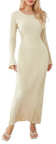 Geagodelia Abito Lungo Donna Elegante in Maglia a Girocollo a Coste - Aderente Tinta Unita per Autunno Inverno (Albicocca, S)