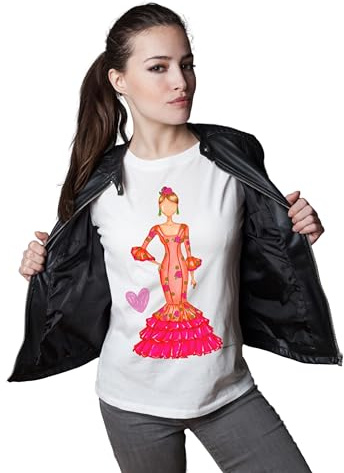 Camiseta Entallada de Manga Corta para Mujer, con Traje de Flamenca Mónica, Camiseta Blanca - Talla XXL - Monica