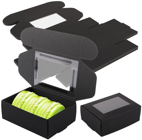 WOPPLXY 60 Stück Kraftpapierboxen mit Fenster – 8,5 x 6 x 3 cm schwarze Papierverpackungsboxen – Geschenkboxen für Süßigkeiten, Trüffel, Macaron, Seife und Wachsschmelzen