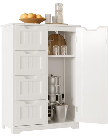 Bealife Badezimmerschrank Badschrank Schmal Beistellschrank mit 4 Schubladen Schranktür Verstellbare Trennwand Geeignet für Badezimmer Wohnzimmer Küche Flur