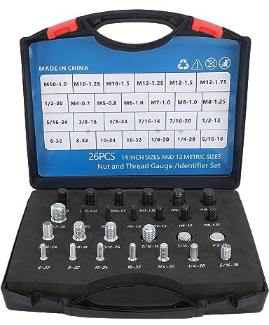 26 Misuratori Set per Filettatura di Dadi e Bulloni Plastica Acciaio Carbonio Misuratori per Filettatura 14 Pollici e 12 Metri per Rilevamento di Bulloni Fissi