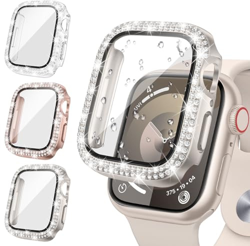 Neitra 3 Stück Glitzer Diaman Hülle für Apple Watch SE Series 654 44mm | Case mit HD Gehärtetes Displayschutz Folie, Bling Schutzhülle Cover Smartwatch Zubehör für iwatch 44mm Frauen Mädchen