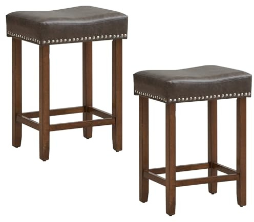 GiantexUK Bar Stools Set of 2, PU Leather Kitchen Saddle Stools with Rubber Wood Legs, Footrests & Non-Slip Foot Pads, Upholstered Breakfast Bar Chairs for Dining Room (Gray+Brown, 44x33x60cm) | PU Leather Kitchen Saddle Stools with Rubber Wood Legs, Footrests & Non-Slip Foot Pads, Upholstered Breakfast Bar Chairs