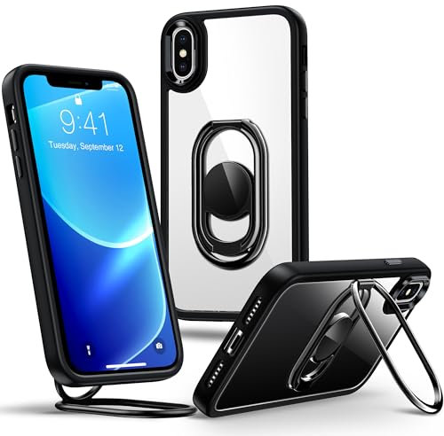 SHIELDS UP for iPhone X/XS Case with Stand, Clear Phone Case with Double Ring Holder - Adjustable & Fodable - Shockproof Protective Cover - Black