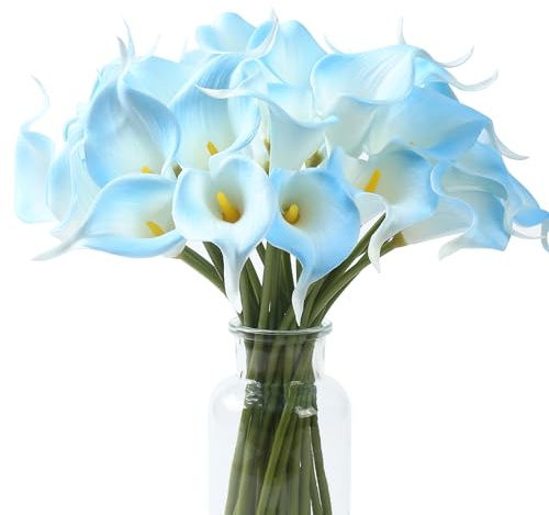 SITUMEIZI 24 PCS Blue Fake Flowers Artificial Calla Lily PU Flowers Real Touch for Home Kitchen Decor Wedding Bouquet Office Decoration(Light Blue)