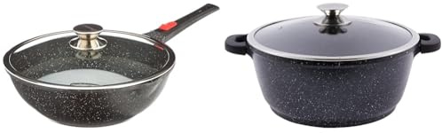 KAMBERG - Wok 30 cm - Manche Amovible - Fonte d'Aluminium - Revêtement pierre - Couvercle en Verre & Marmite Faitout 28 cm - Fonte d'Aluminium - Revêtement Type Pierre - Couvercle en Verre