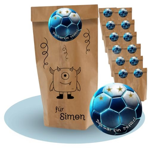 SoSi 12 Mitgebseltüten/Geschenktüten inkl. 12 Sticker - aus 100% Recyclingpapier-Fußball - Soccer - -Perfekt für Kindergeburtstag/Taufe/Kommunion - Mitgebsel - Giveaway - Gastgeschenke