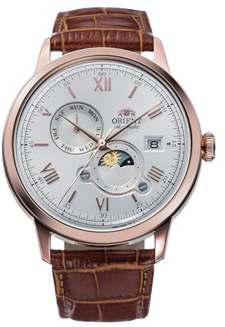 Orient Classic Sun & Moon - Orologio Uomo Automatico a Carica Manuale Elegante Cinturino In Pelle Marrone Cassa In Acciaio Quadrante Bianco - RA-AK0801S30B RA-AK0801S