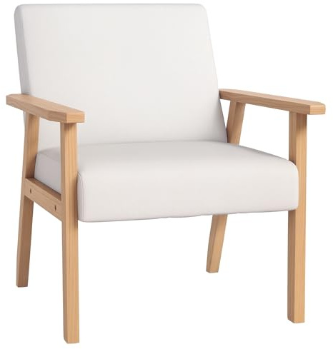 HOMCOM Modern Armchair, Linen Upholstered Accent Chair with Solid Wood Legs and Wide Seat, Padding Lounge Chair for Living Room Bedroom Office, Cream White