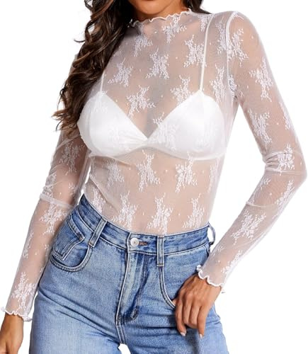 FENXIXIONE Hauts en dentelle pour femmes Manches longues Top en maille Col Mock Chemisier transparent Transparent Chemise en dentelle Top superposé (XL,Blanc)