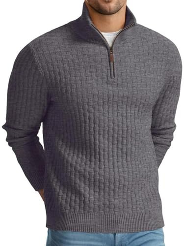 QIXING Troyer Herren Pullover mit Zopfmuster und Waffelmuster - Weicher Freizeit-Strickpullover mit 1/4-Reißverschluss und gerippten Kanten Pulli Herren