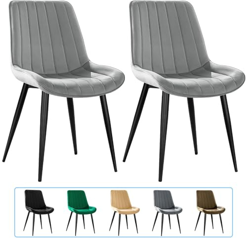 JIJIAN Samt Esszimmerstühle 2er Set, Grau | Moderner Polsterstuhl mit 53 cm Breiter Sitzfläche, Küchenstühle mit Metallbeinen, Bis 150 kg Belastbar, für Esszimmer Küche