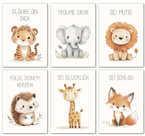 LAVEMA Affirmationsposter Kinder | Bilder Kinderzimmer DIN A4 (21x30cm) Poster Set | Wanddeko Babyzimmer Deko | Affirmationsbilder | Wandposter Junge | Tierbilder | Wandbilder Tiere