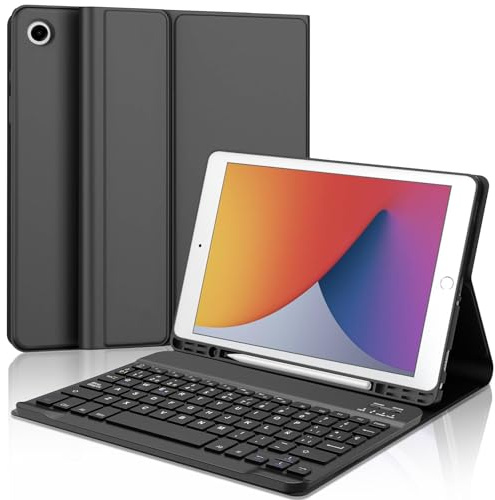 Funda para iPad de 9 generación con teclado de 10,2 pulgadas para iPad 9/8/7 Gen - Teclado Bluetooth desmontable inalámbrico, funda flexible de TPU con soporte para bolígrafo, diseño QWERTZ (negro)