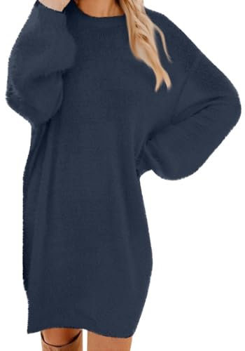 LUNULE Strickpullover Damen Norweger Pullover Herbst Winter Einfarbig Rundhals Langarm Casual Warme Pullis Strickkleid Elegante Kaschmir