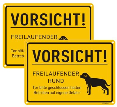 Acuxiaza 2 Stück Vorsicht Hund Schild 25x18cm Reflektierend Aluminium Freilaufender Hund Schild, UV-Schutz, Wasserfest, Mit Bohrlöcher, für Drinnen und Draußen geeignet, Gelb