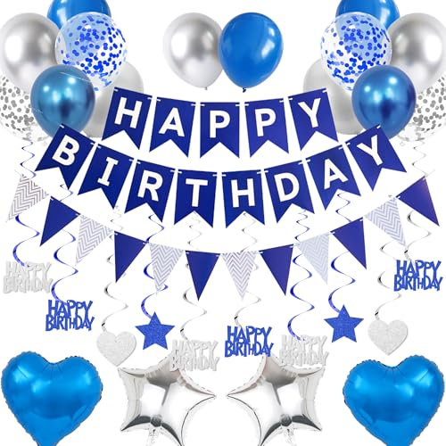 Deko Geburtstag Ballons Girlande Set - 61 Stück Geburtstagsdeko mit Happy Birthday Banner Luftballons Hängende Wirbel, Geburtstags Party Dekoration für Frauen Mann (Blau Silber)